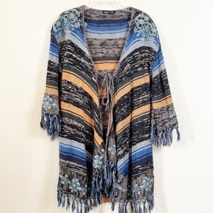 Gypsy 05 Boho Fringed Embroidered Tie Front Cardigan Sweater